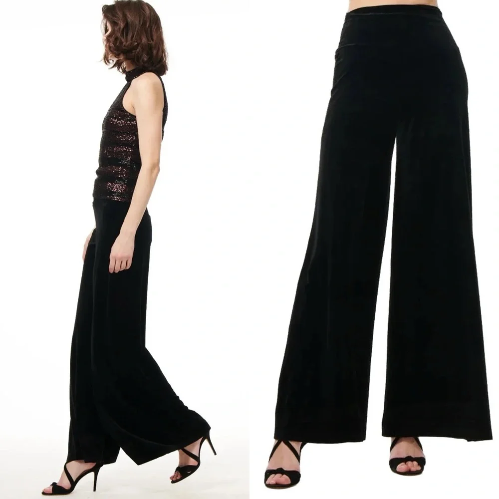 EMILY SHALANT BLACK STRETCH VELVET PULL ON WIDE LEG TROUSER PANTS
